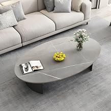 LAKIQ Oval Stone Top Coffee Table Modern Living Room Accent Center Table with Double Pedestal Metal Base Small Space Cocktail Tables Grey-Black, 39.4" L x 23.5" W x 16" H