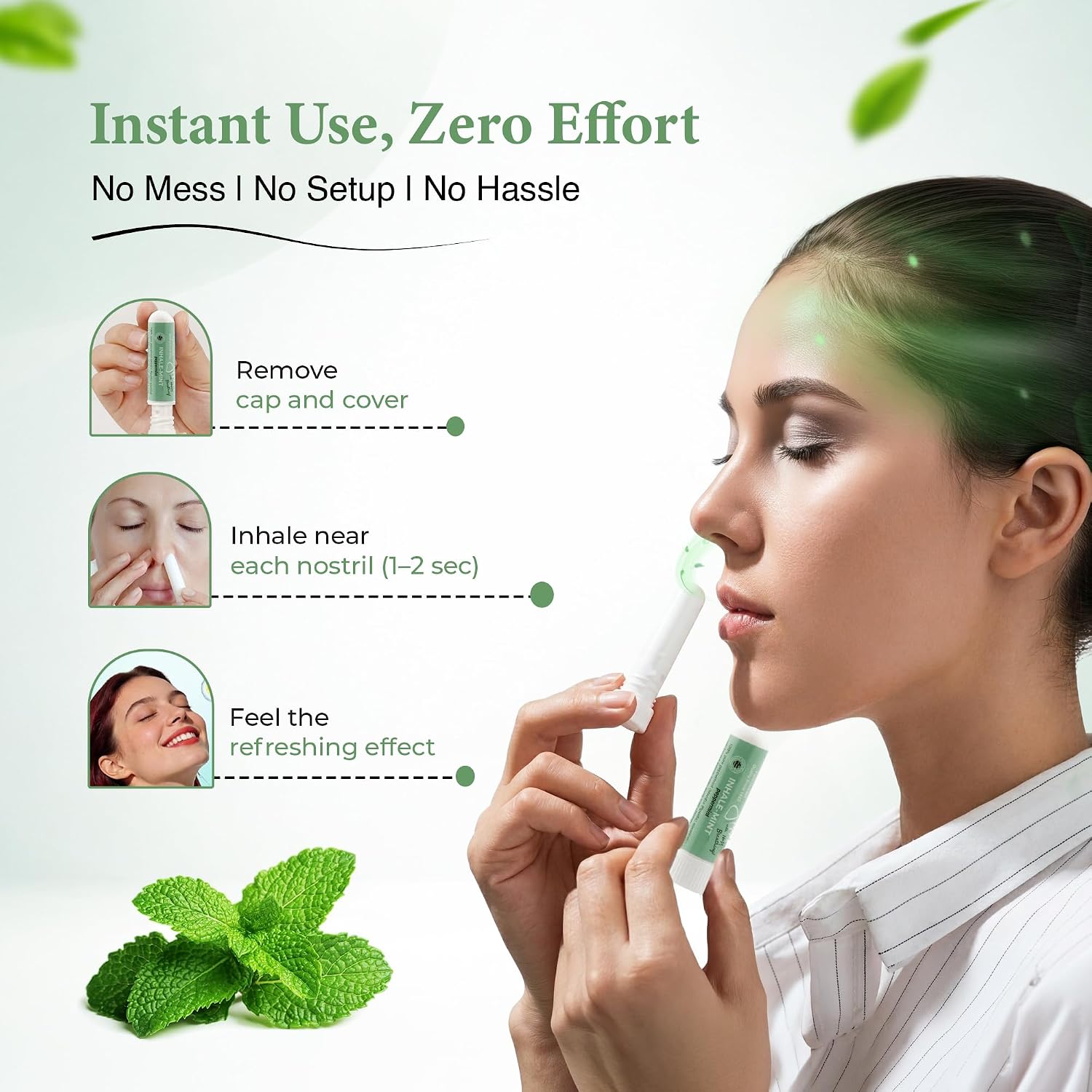 Nasal Inhaler Stick - Peppermint Essential Oil Aromatherapy Inhaler, Cool Refreshing Mint Aroma, Pocket Size, Portable, Made in USA, Sealed for Freshness, Mess-Free Design - Mint