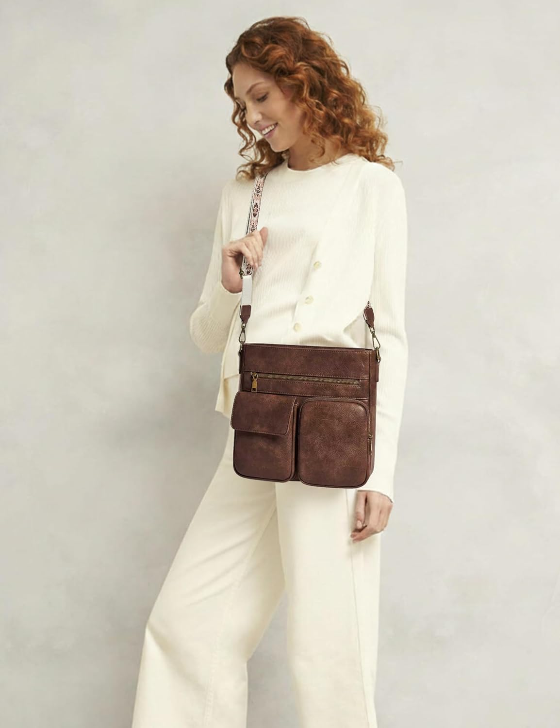Yarnic Crossbody Bags for Women, Multi Pocket Crossbody Purse Vegan Leather Shoulder Handbags with Guitar Strap