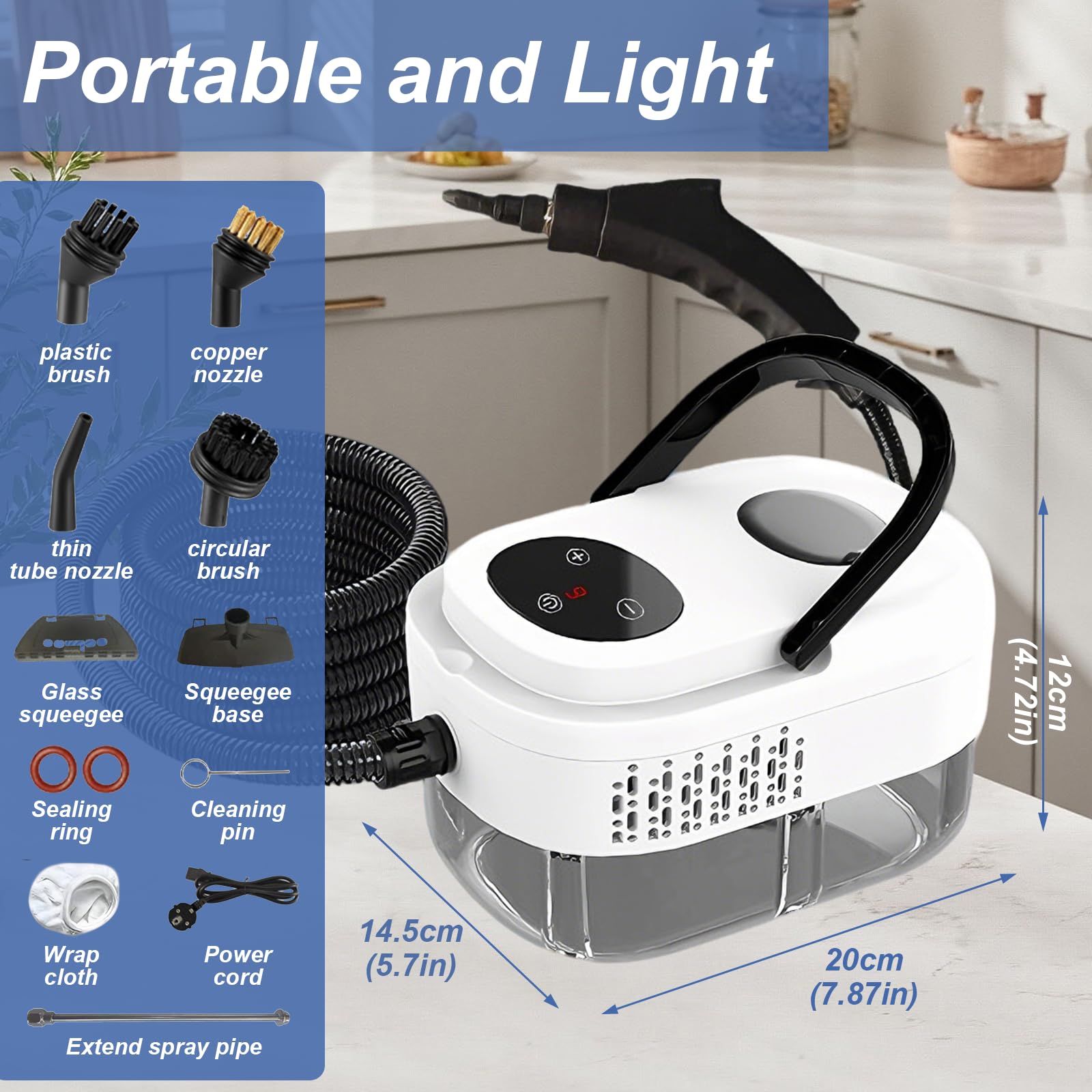 Limpiador a Vapor, 2500 W 3.0BAR Vaporeta Limpieza Hogar Potente con 3 Cabezales de Cepillo, Vaporeta Limpieza Hogar Portátil con Tanque Agua de 1000ml para Cocina Baño Azulejos y Coche