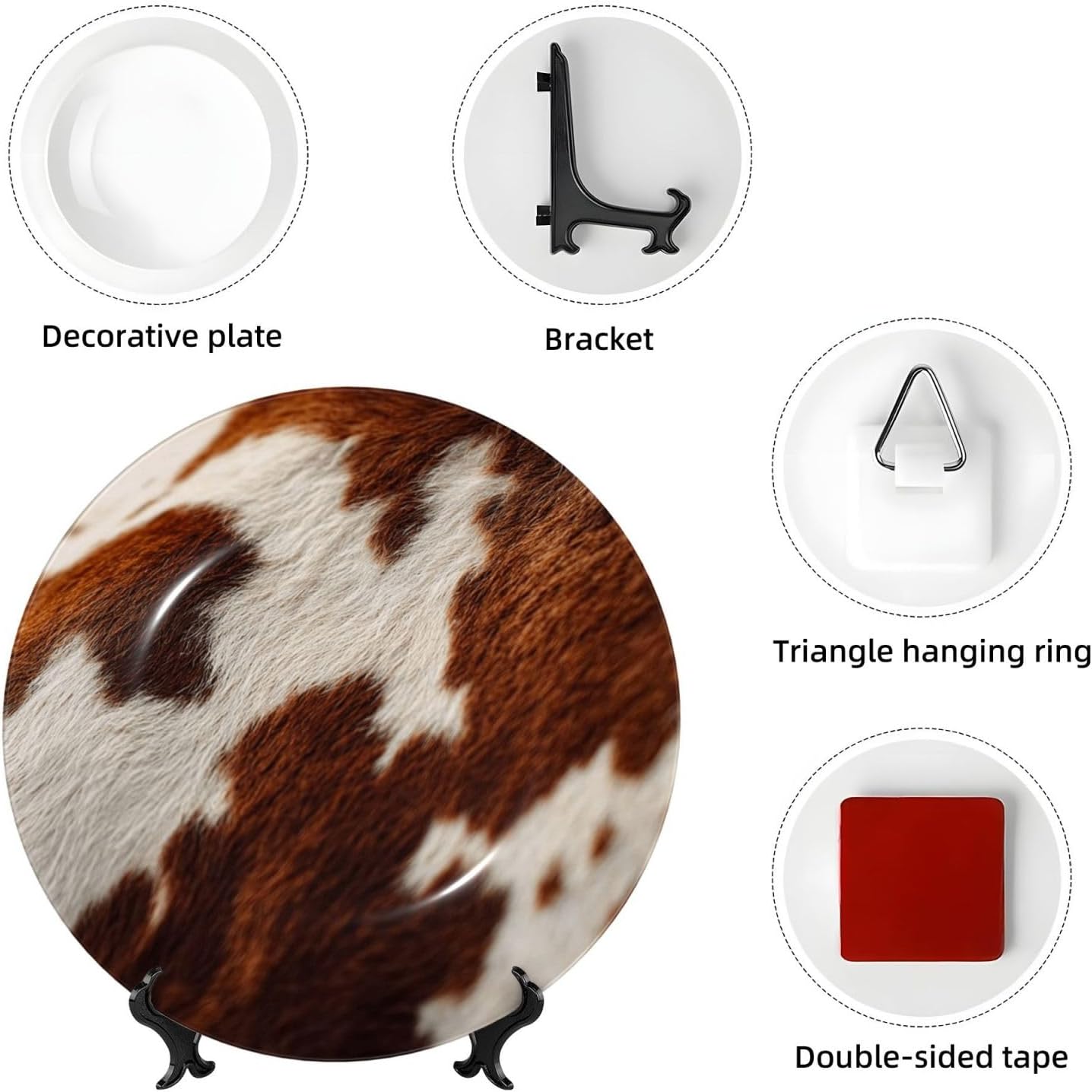 Decorative Plate 10in Bone China Dessert Plates with Display Stand Ceramic Ornament Ceramic Red and white cowhide Decorative Plates Art Crafts Porcelain Plate for Home Club Living Room