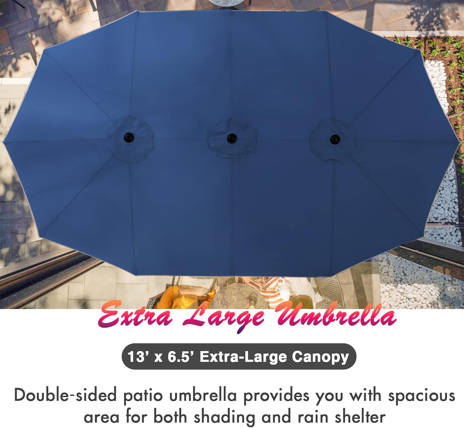 PHI VILLA 7 Piece Outdoor Dining Set with Umbrella, Rectangular Wood Top Metal Dining Table & Cushioned Wicker Chairs & 13ft Large Blue Umbrella for Patio, Deck, Yard