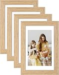 12x16 Picture Frame Set of 4, Displays 8x10 with Mat or 12x16 Without Mat, Photo Frames for Wall Hanging or Tabletop, Includes HD Plexiglass, Light Wood Grain
