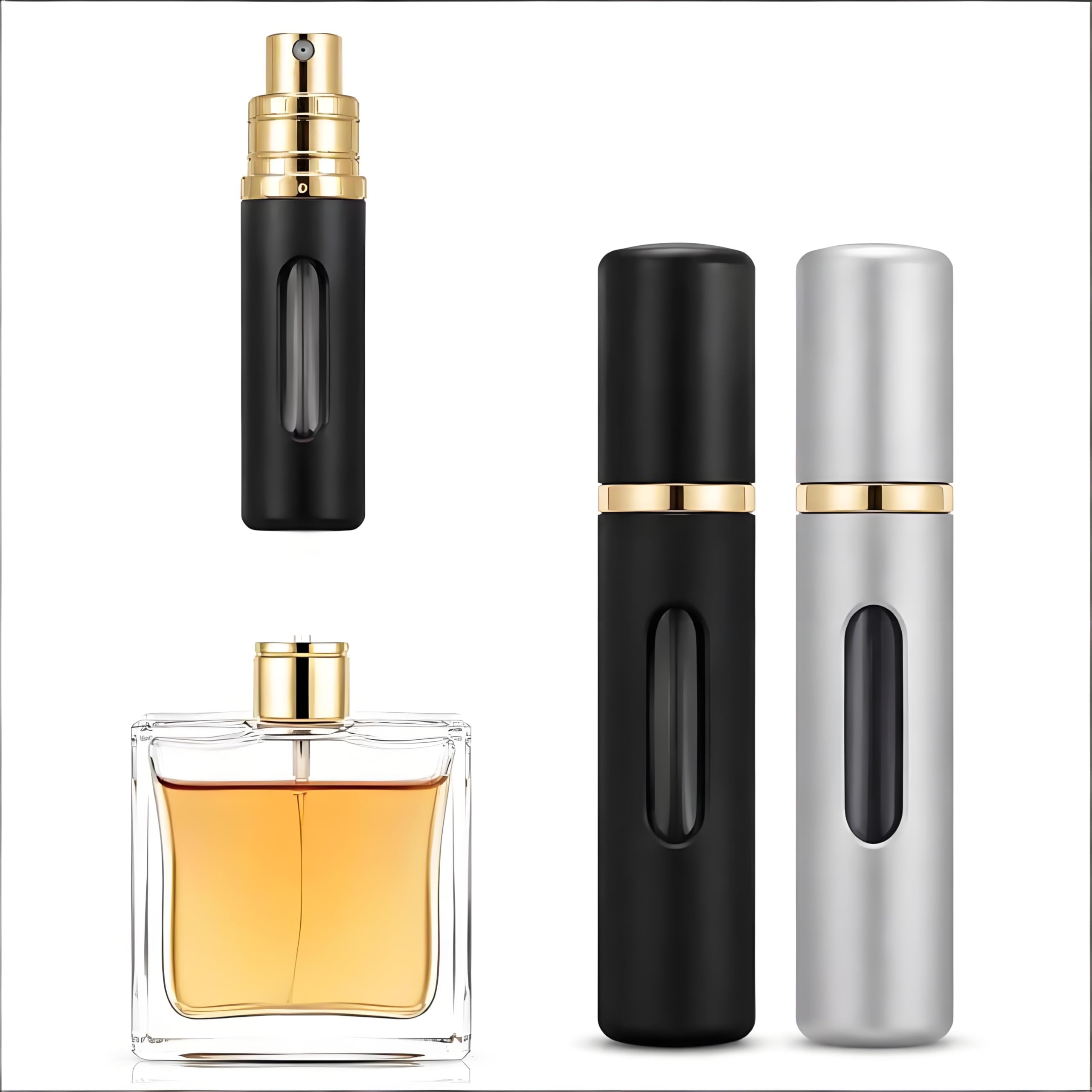 Refillable Perfume Atomiser, 8ml 2 Pack Travel Perfume Bottle, Portable Mini Spray Bottle with Visible Window, Leak Proof Fine Mist TSA Approved Refillable Bottle for Women Men, Black & Silver