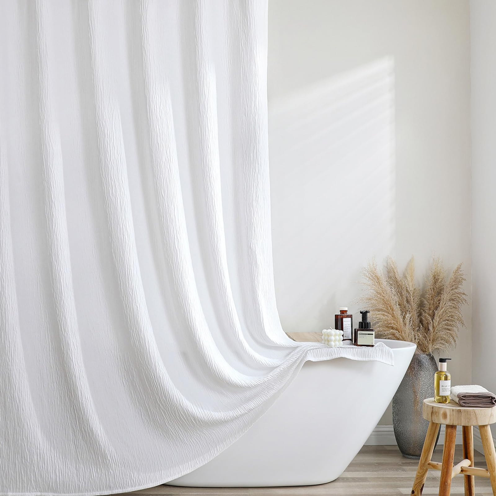OVZME White Boho Shower Curtain for Bathroom 78 Inch Length, Heavy Duty Hotel Quality Bathroom Shower Curtain, Crinkled Soft Fabric, Machine Washable