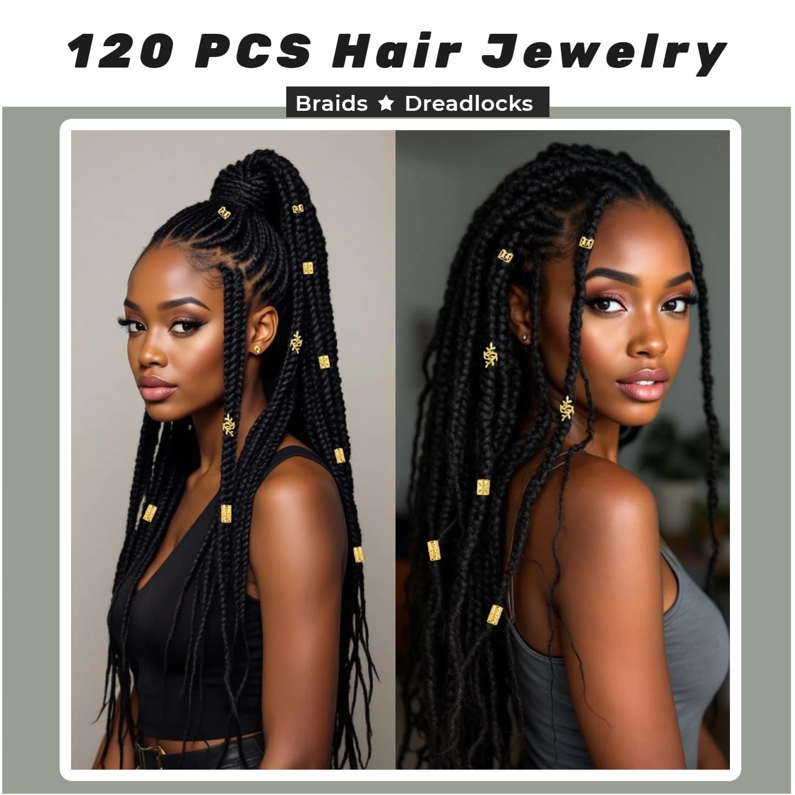 Kit de 120 piezas de joyería dorada para el cabello para trenzas y rastas, 5 estilos de pinzas para el cabello, anillos y accesorios, decoraciones de trenzas Loc Jewels para mujer 5