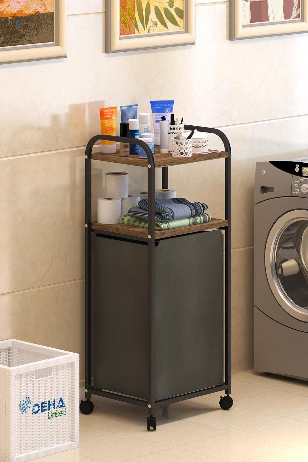 2 RAFLI FRENLİ TEKERLEKLİ ÇAMAŞIR SEPETİ BANYO DOLABI KİRLİ SEPETLİ BANYO DÜZENLEYİCİ ÇAMAŞIRLIK Kahnanerengi, Dehalimited