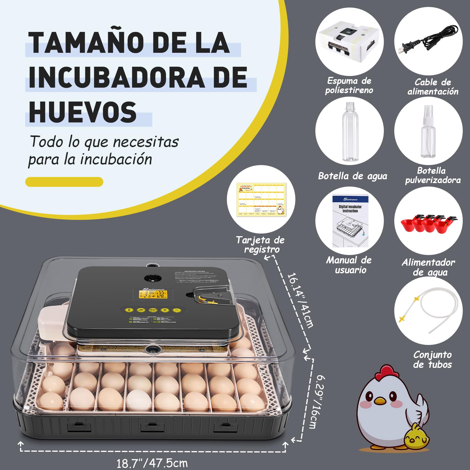 Sailnovo Incubadora de Huevos Automaticas, Incubadora de 56 Huevos con Volteo Automático de Huevos y Humidificación automática, Incubadora para Huevos de Gallina, Codorniz, Pato, Gris