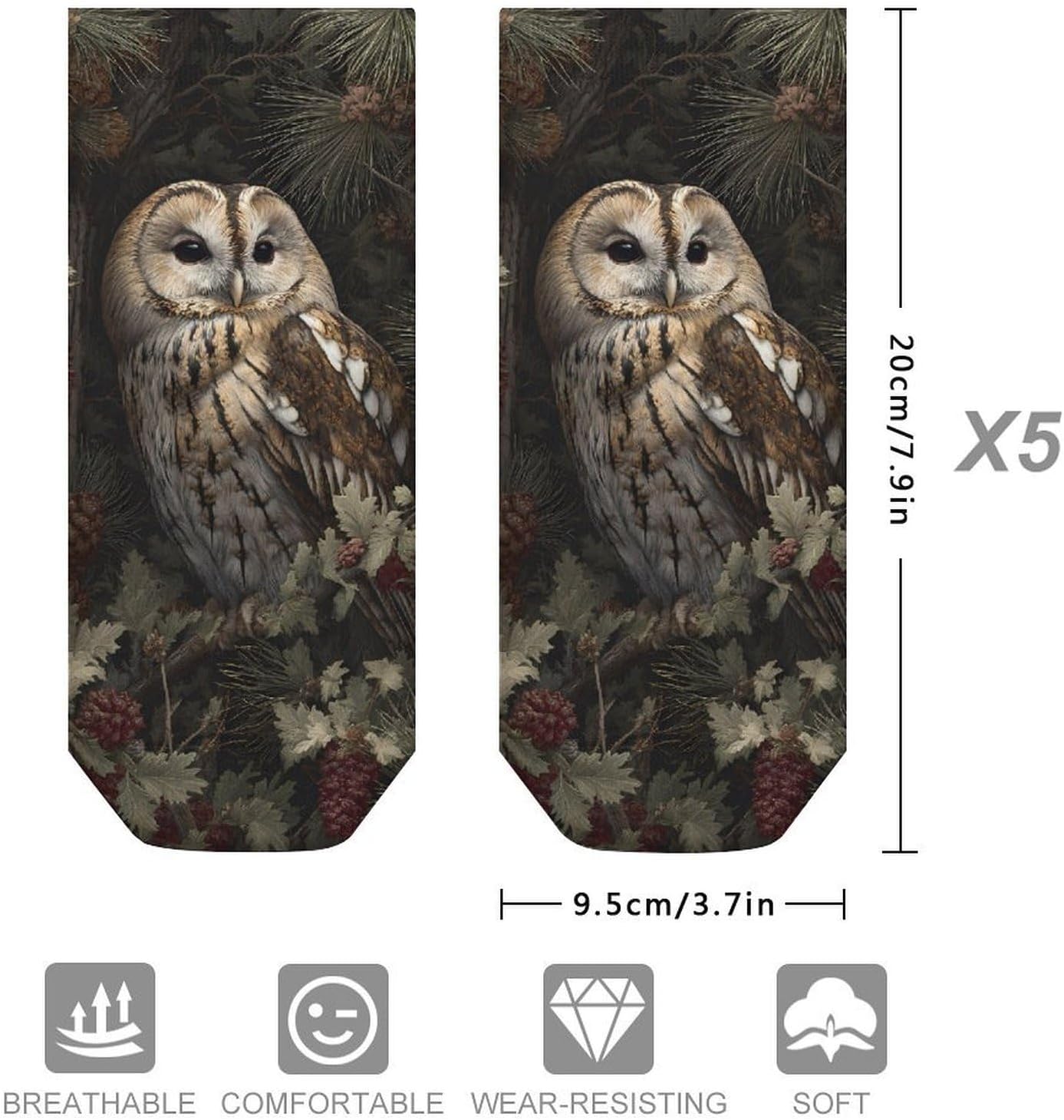 Owl Tree Pine Cone No Show Ankle Socks Low Cut Non Slip Flat Boat Line 5 Pairs Set
