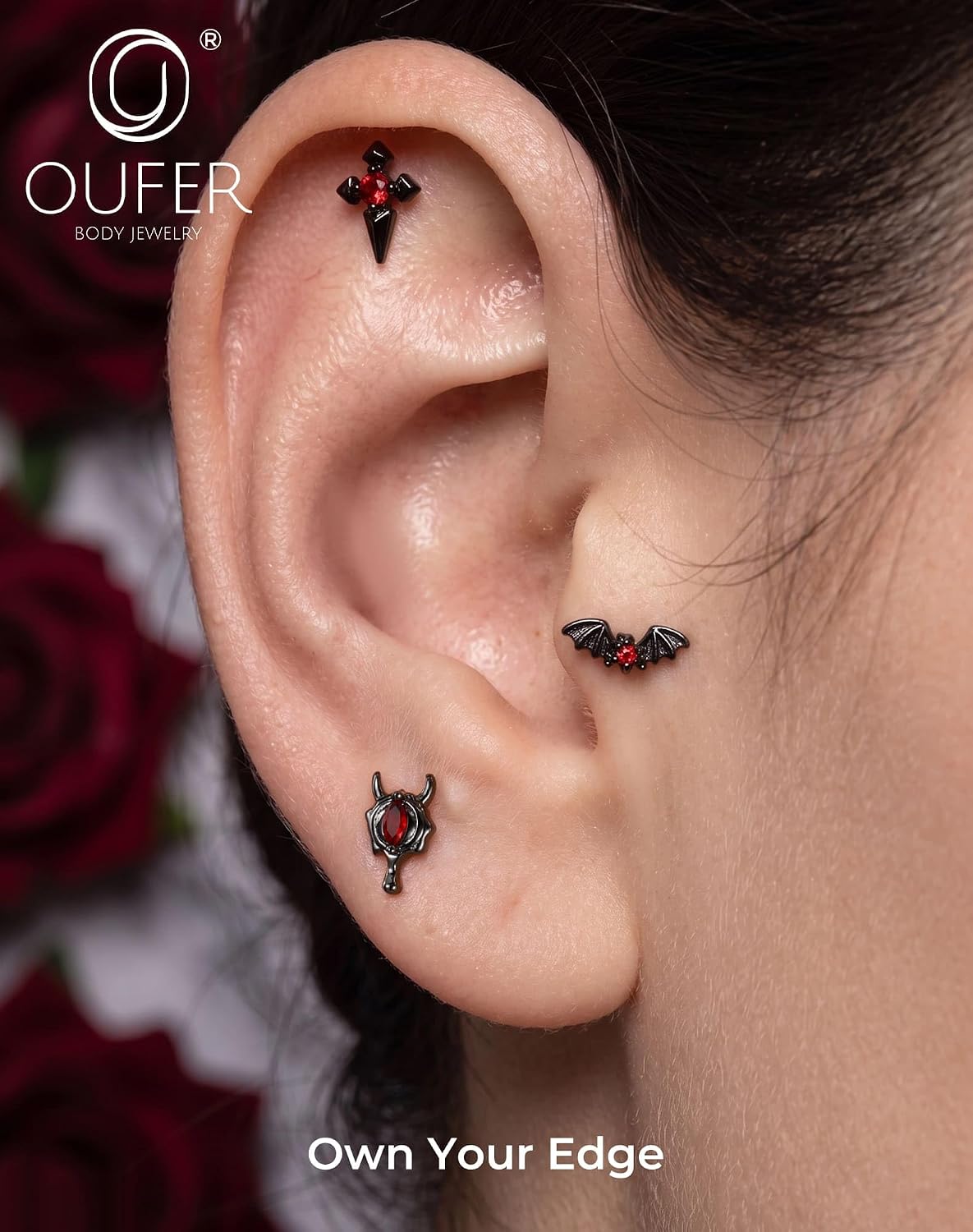OUFER 16G Halloween 3PCS Helix Piercing Jewelry, Black Flat Back Studs