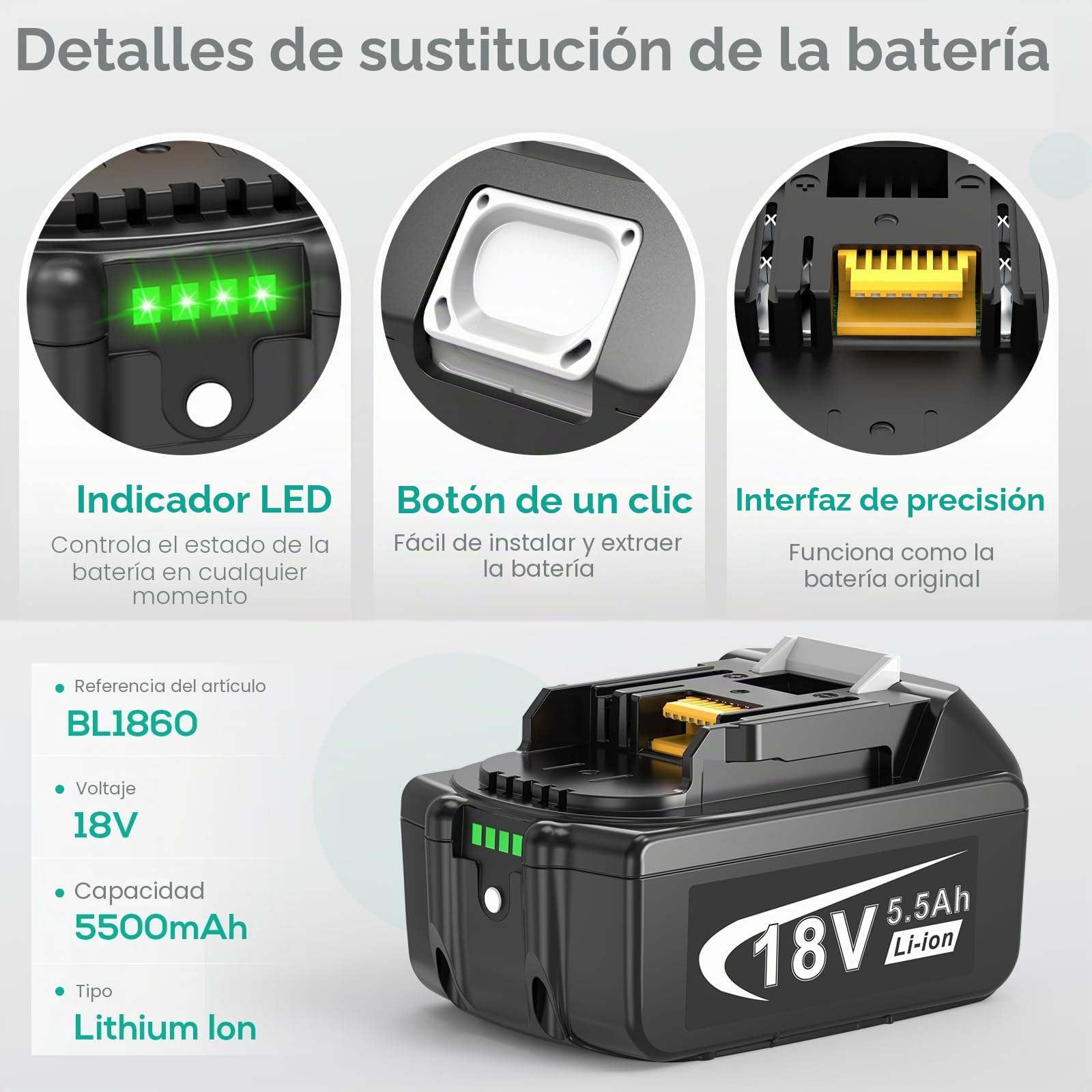 LabTEC Cargador de 18 V con batería para Makita BL1860 2P BL1830B BL1840B BL1850B BL1860B BL1815 BL1820 BL1825 18V 5500mAh Herramientas eléctricas + Cargador de batería para Makita DC18RC DC18RD