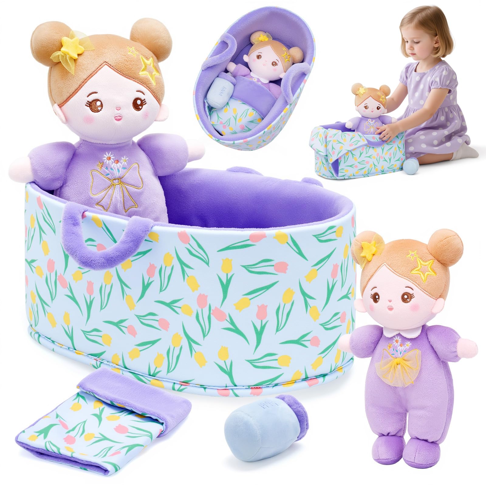 10" Soft Baby Doll Set with Plush Doll, Bassinet, Blanket and Bottle, Pretend Playset for Emotional Social Education Doll for 2 Year Olds Girls Valentine Birthday Gift Purple