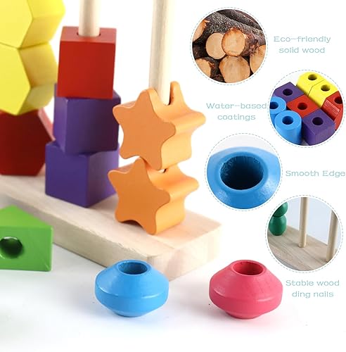 Miniatura 5 de Montessori - Juego de juguetes de secuenciación de cuentas, bloques apilables de madera y cuentas de cordones y apilador de formas a juego, juguetes
