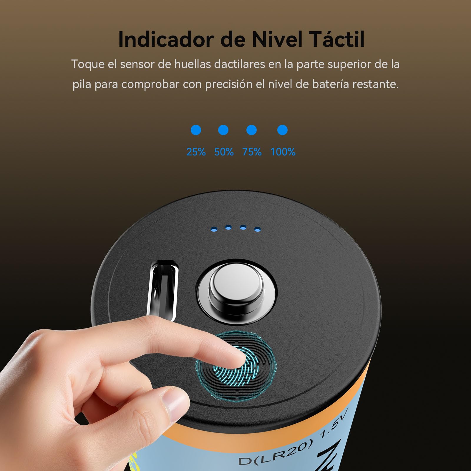 Pack de 4 Pilas Recargables Tipo D LR20 Li-Ion 1,5V 12580 mWh, Carga USB-C Directa 5V/1A, Cable 4 en 1, Pantalla Táctil Nivel Carga, para Linternas, Radios, Camping y Luces Emergencia