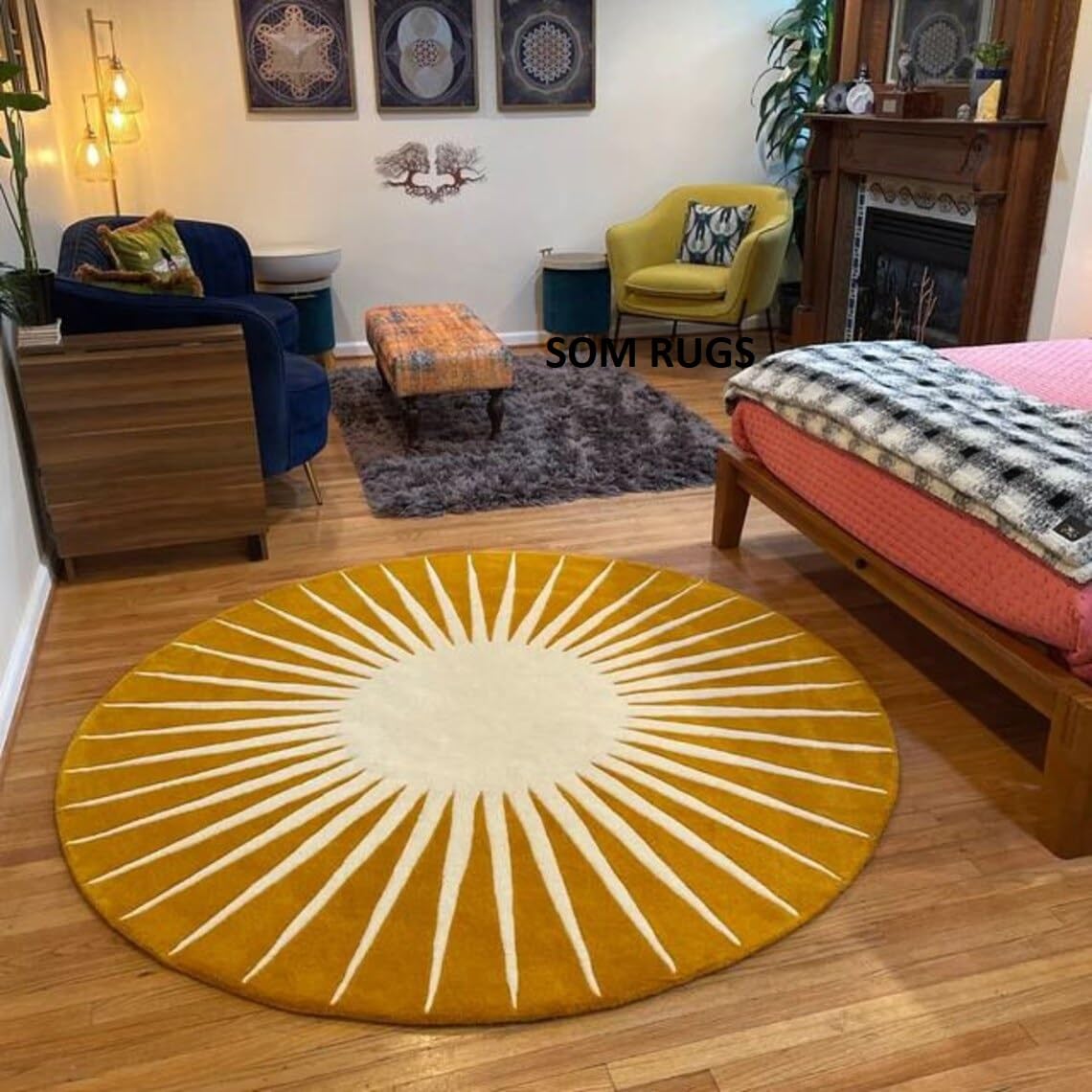 SOM RUGS Round Rug Hand-Tufted 100% Wool Handmade Area Rug Carpet for Home, Bedroom, Living Room, Kids Room (Mustard, 3 x 3 Round)