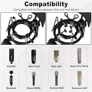 Universal Microphone Shock Mount with Pop Filter for All Microphones Size at 21mm-62mm, Includes Anti-Vibration Mic Holder and Pop Filter (Black)
