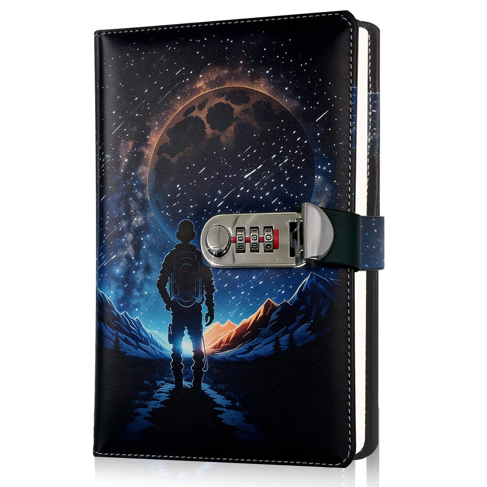 SIMDAO Diary with Lock for Boys, PU Leather Diary with Pen, 120 Sheets/240 Pages Space Themed Journal with Combination Lock, Kids Secret Diary, Football Gifts for Women Men Teens, 6.1in X 8.3in