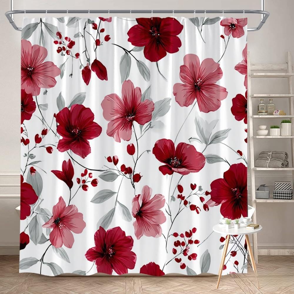 Glwdmb N-14 1 Piece 180X220cm Red Flower Blossoms Printed Shower Curtain With Hook, Polyester, For Windows And Walls, Bathtub, Bathroom, Machine Washable, All Season Universal