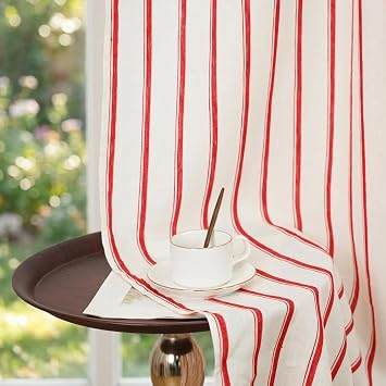 100% Linen Striped Curtains for Living Room, 52 x 84 Inch Rod Pocket Window Curtain for Sliding Glass Door Bedroom Dining Room 1 Panel, Red