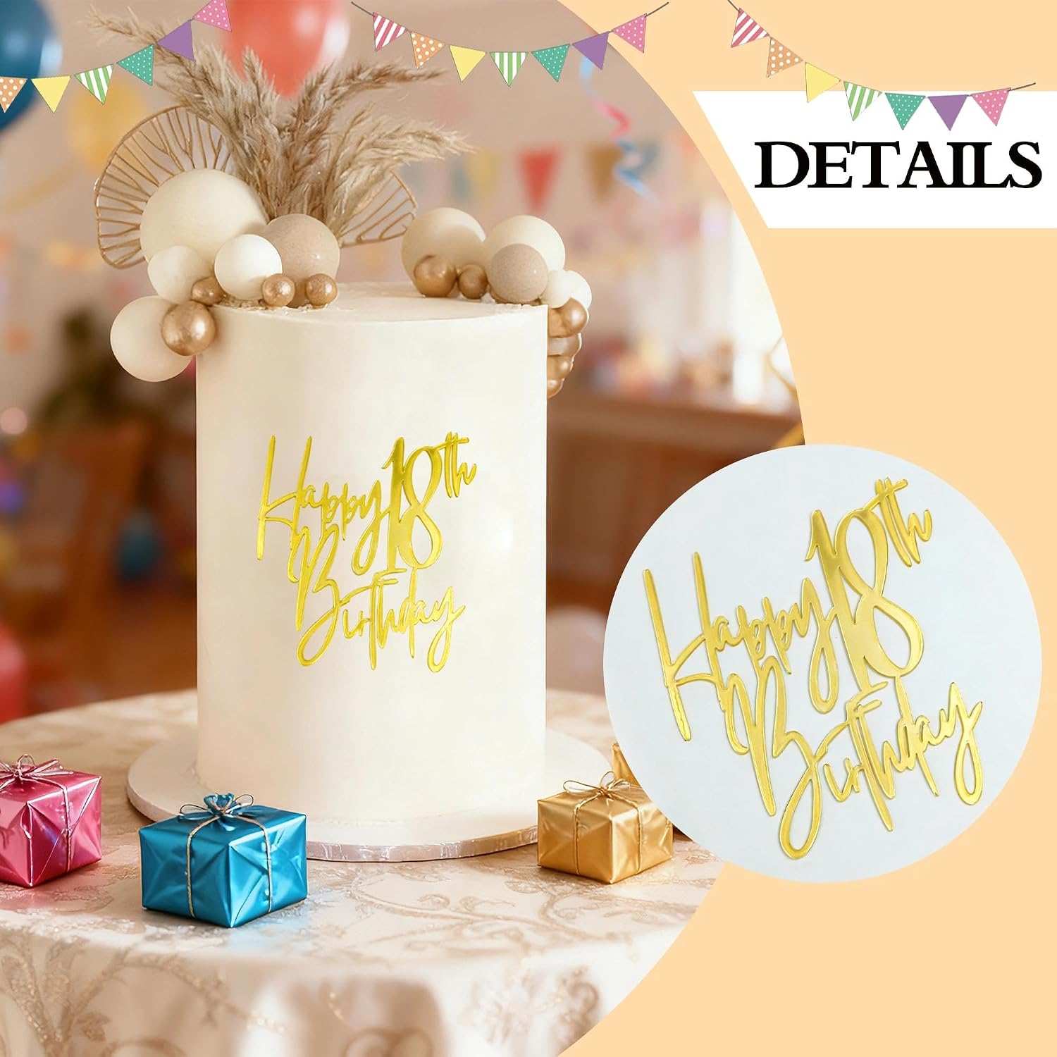 Gold Happy 18th Birthday Cake Side Topper Mirror Acrylic Elegant Milestone Eighteen Years Old Decorations for Cake Decor Modern Party Supplies for Girls Boys image 5