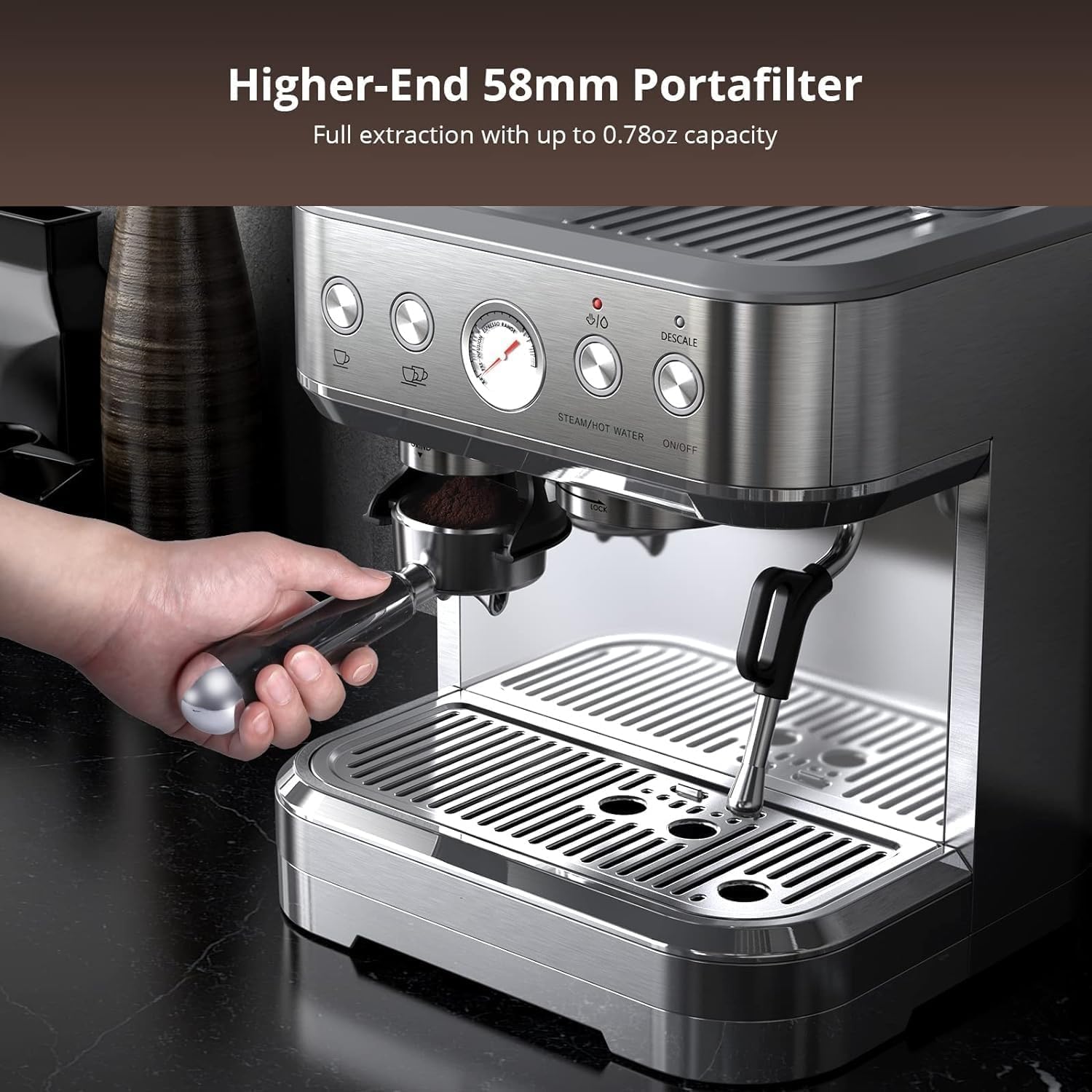 PortoAlegre Macchina per Caffè Espresso Professionale con Macinacaffè Integrato e Schiumatore Latte, 15 Bar, Serbatoio 2.3L, 1350W, Acciaio Inox - Ideale per Cappuccino e Caffè in Grani