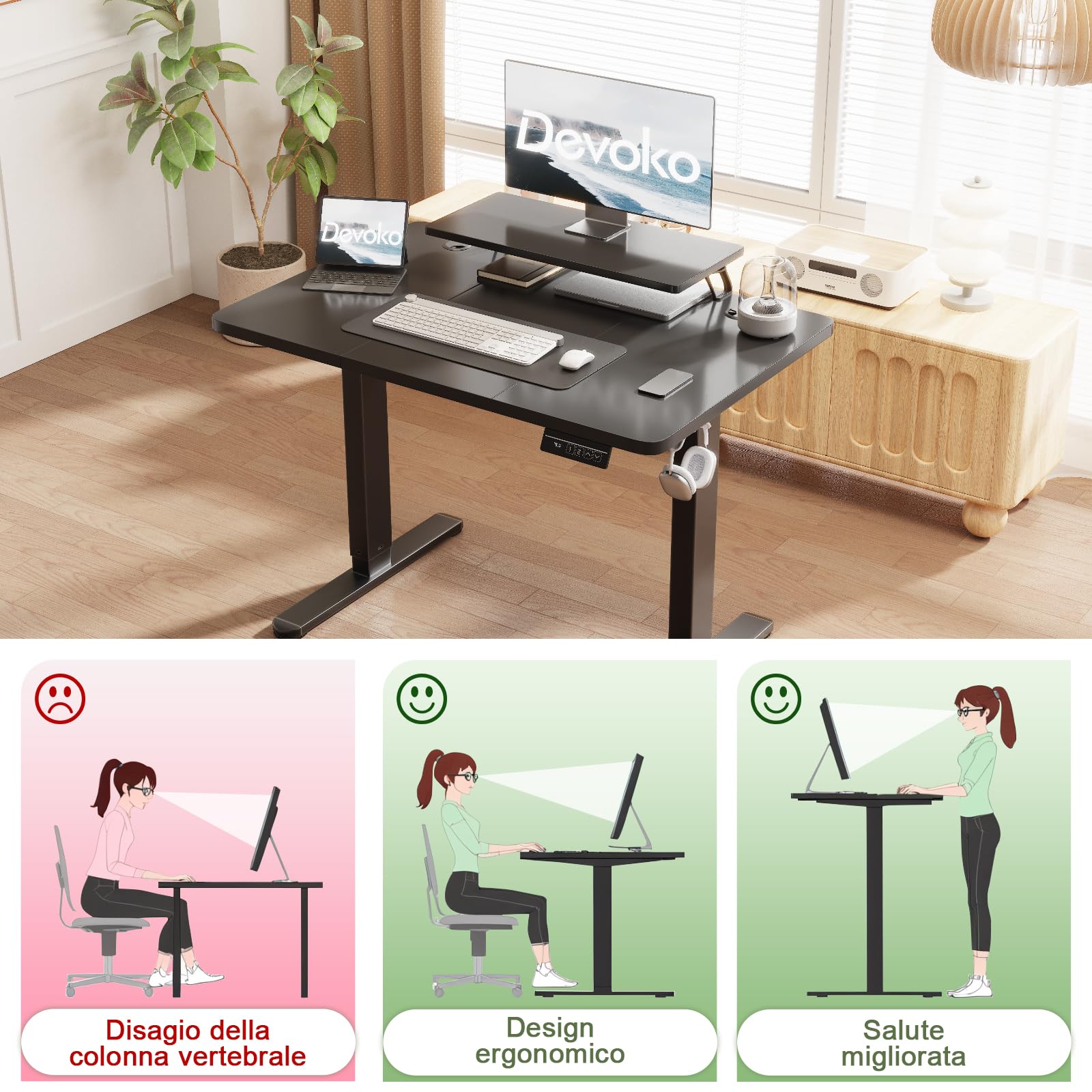 Devoko 120 x 60 cm Scrivania Regolabile in Altezza Supporto per Monitor | Regolabile con 2 Altezze di Memoria, Per Camera da Letto, Studio, Ufficio, Nero