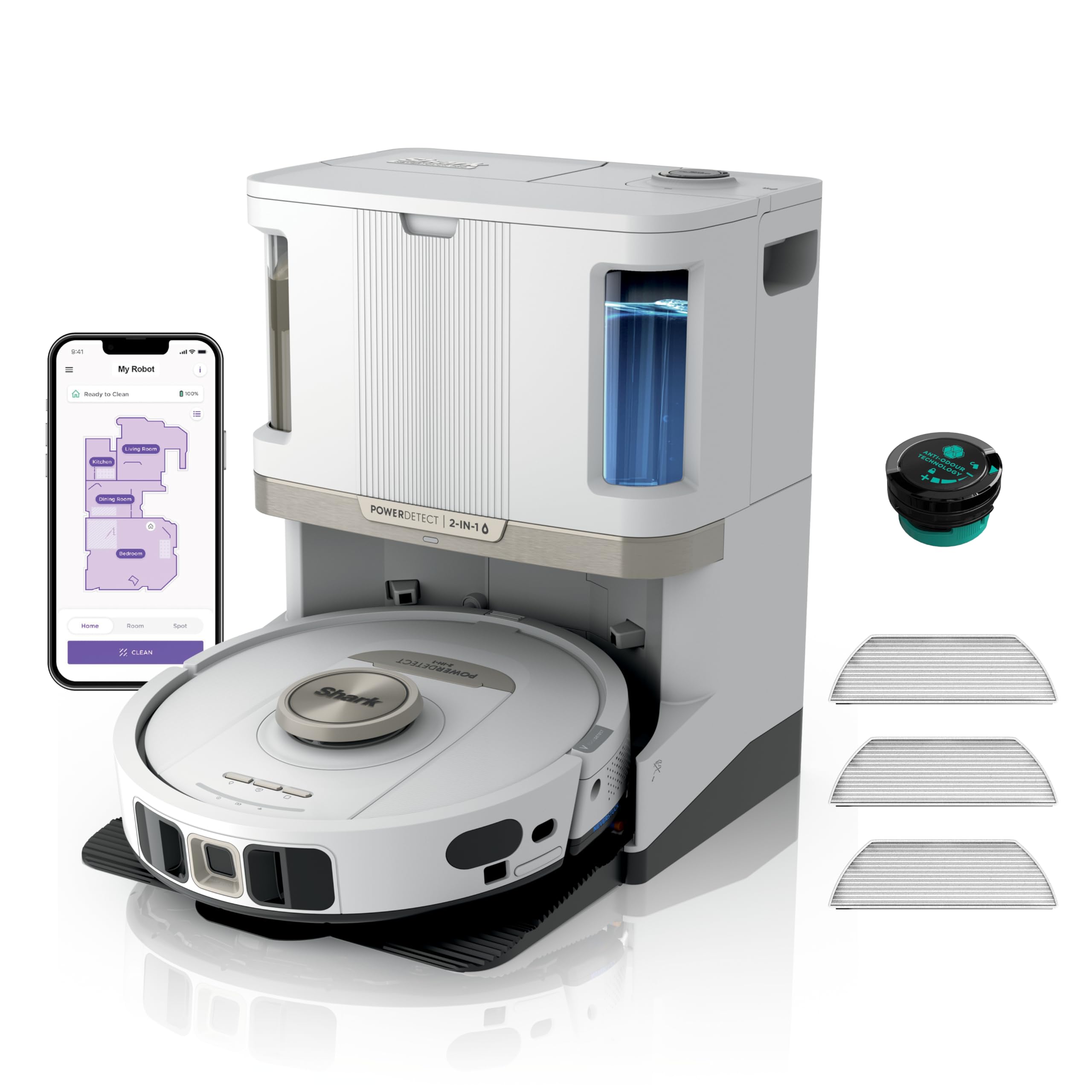 Shark PowerDetect Robot Vacuum and Mop with 60-Day Self-emptying and Cleaning Base - 3D LiDAR Navigation - Wi-Fi / App - 3 Anti-microb Pads, 1 Odour Cartridge and 2 Brushes Incl. - White