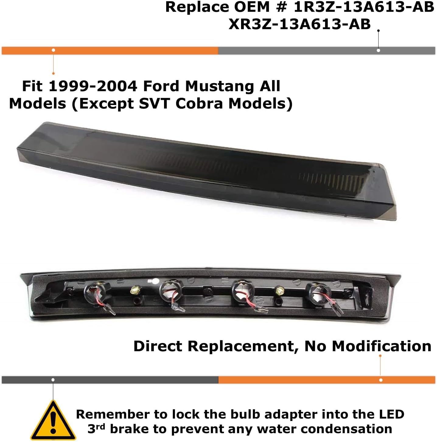 iJDMTOY Smoked Black Lens LED 3rd Brake Light Compatible With 1999-2004 Ford Mustang, Powered by 12 Super Bright Red LED Emitters
