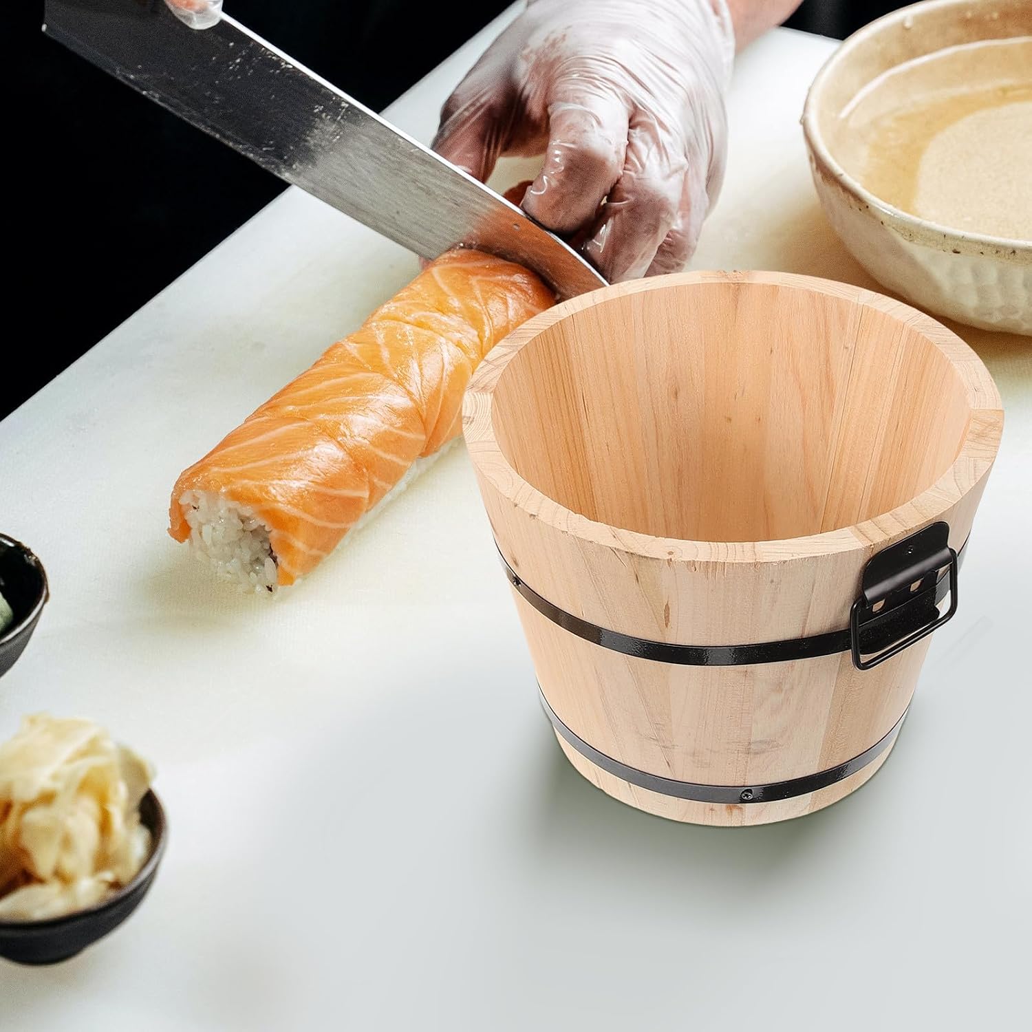 Wooden Sushi Rice Container with Lid, Rustic round Food Bucket