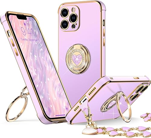 Miniatura 28 de XYZ Funda para iPhone 14 con soporte, funda para teléfono con soporte de doble anillo, para mujeres y niñas, funda transparente con purpurina de Oro