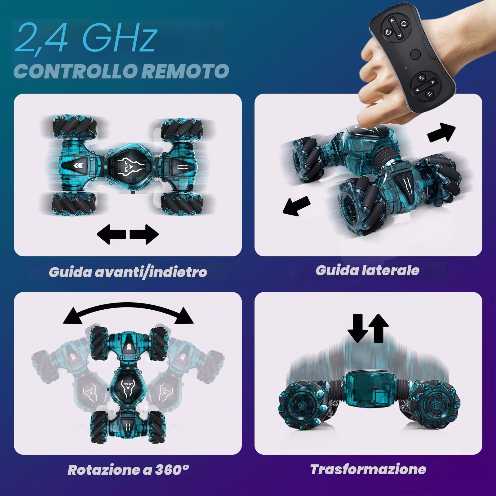 Tecnock Auto telecomandata con controllo rapido a mano, 2,4 GHz, 4 WD, rotazione a 360°, batteria ricaricabile, auto da corsa con illuminazione fredda, adatta per molti terreni, regalo per 4 – 9 +