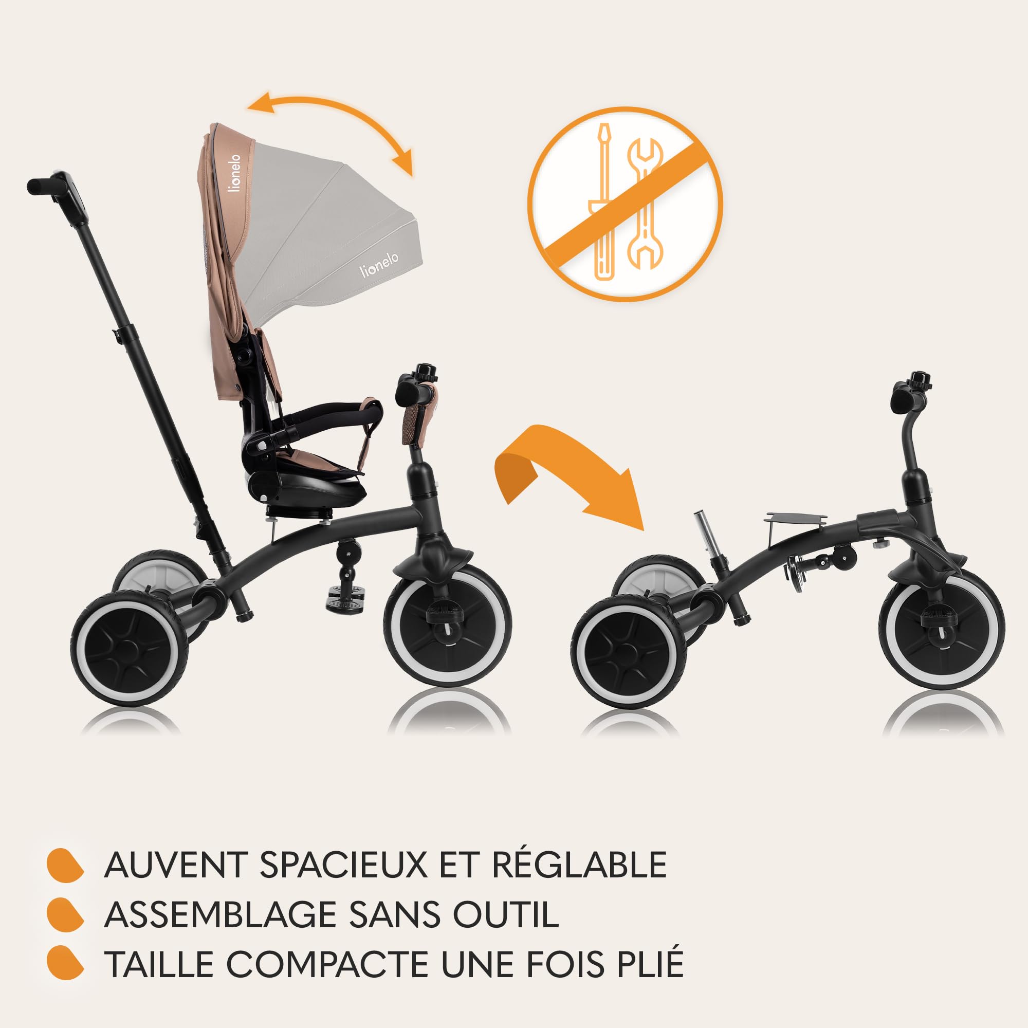 LIONELO Tris Plus Tricycle Multifonctionnel de 9 Mois à 5 Ans jusqu'à 25 kg, Poussette bébé, Grandes Roues en PU Siège Pivotant Dossier Réglable à360° Réglage Dossier sans Outils