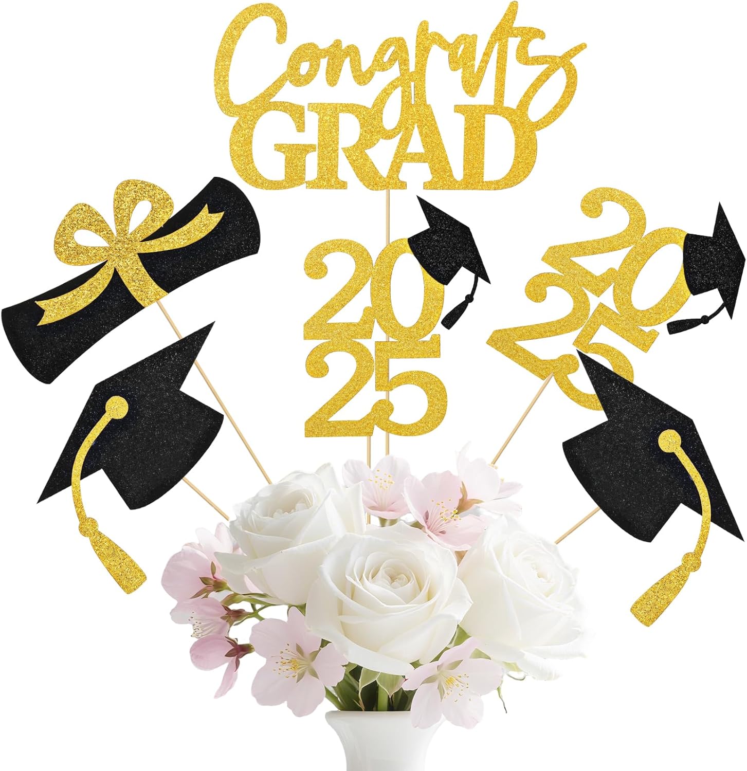 16 Pcs Graduation Decorations Class of 2025, Black & Gold Double-Sided Graduation Centerpieces, Graduations Party Centerpieces, Graduation Party Decorations for Table Toppers Gold-16pack