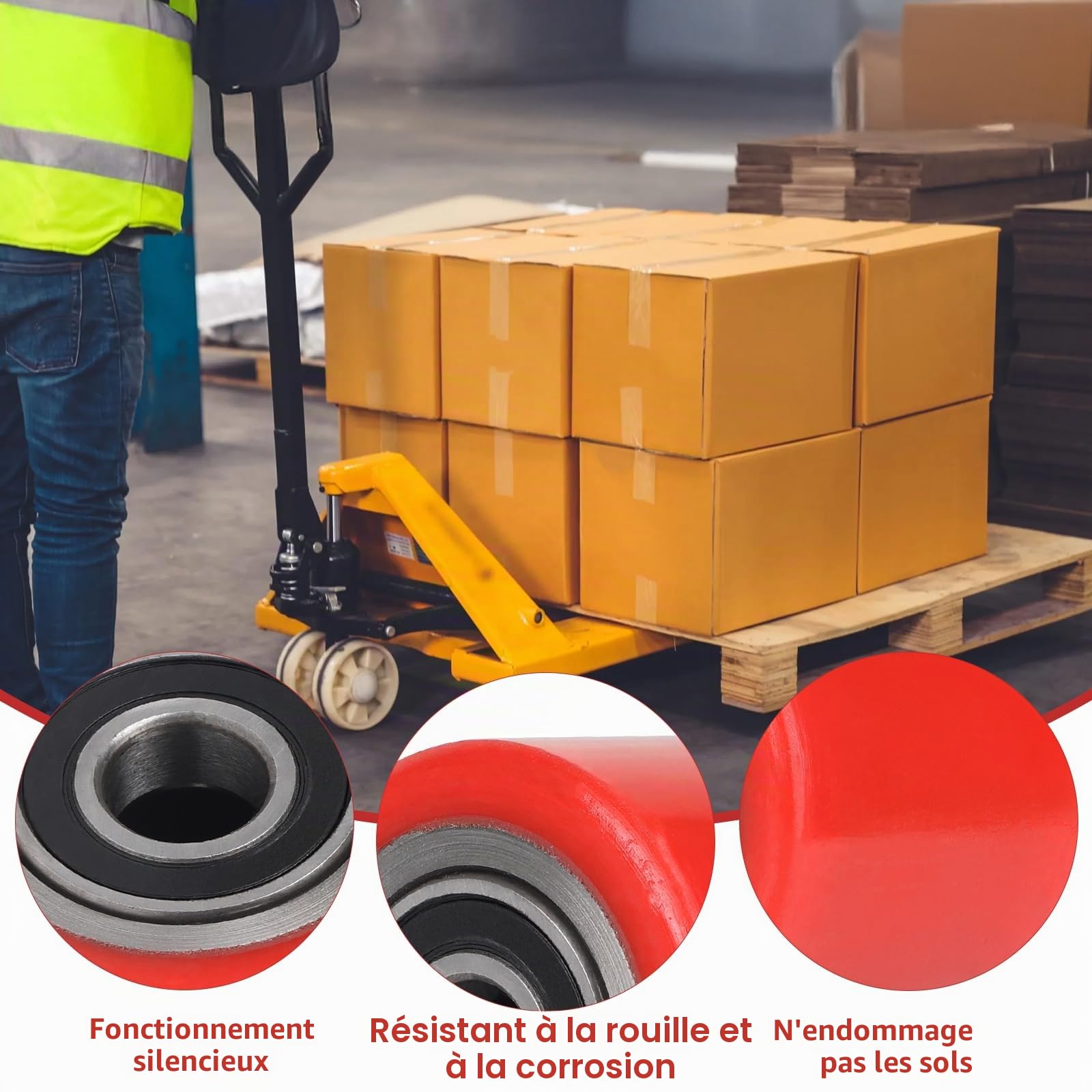 SWAWIS Lot de 4 Roues de Transpalette Polyuréthane 80 x 60 mm, Axe 20mm Charge Maximale 600 kg Avec pour Transpalette Roulements à Billes