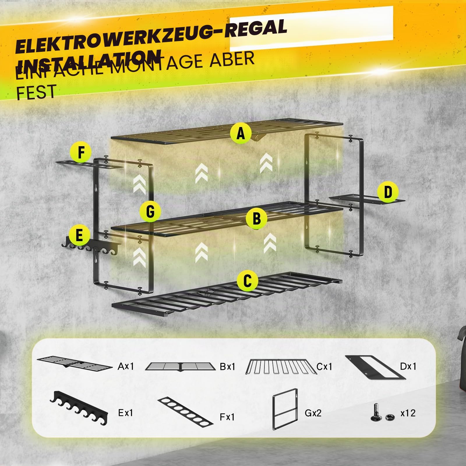 Wandhalterung für Elektrowerkzeuge 3-Etagen-Werkzeugorganizer 7 Bohrerschächte Tragkraft 68 kg Stabile Eisen-Aufbewahrung
