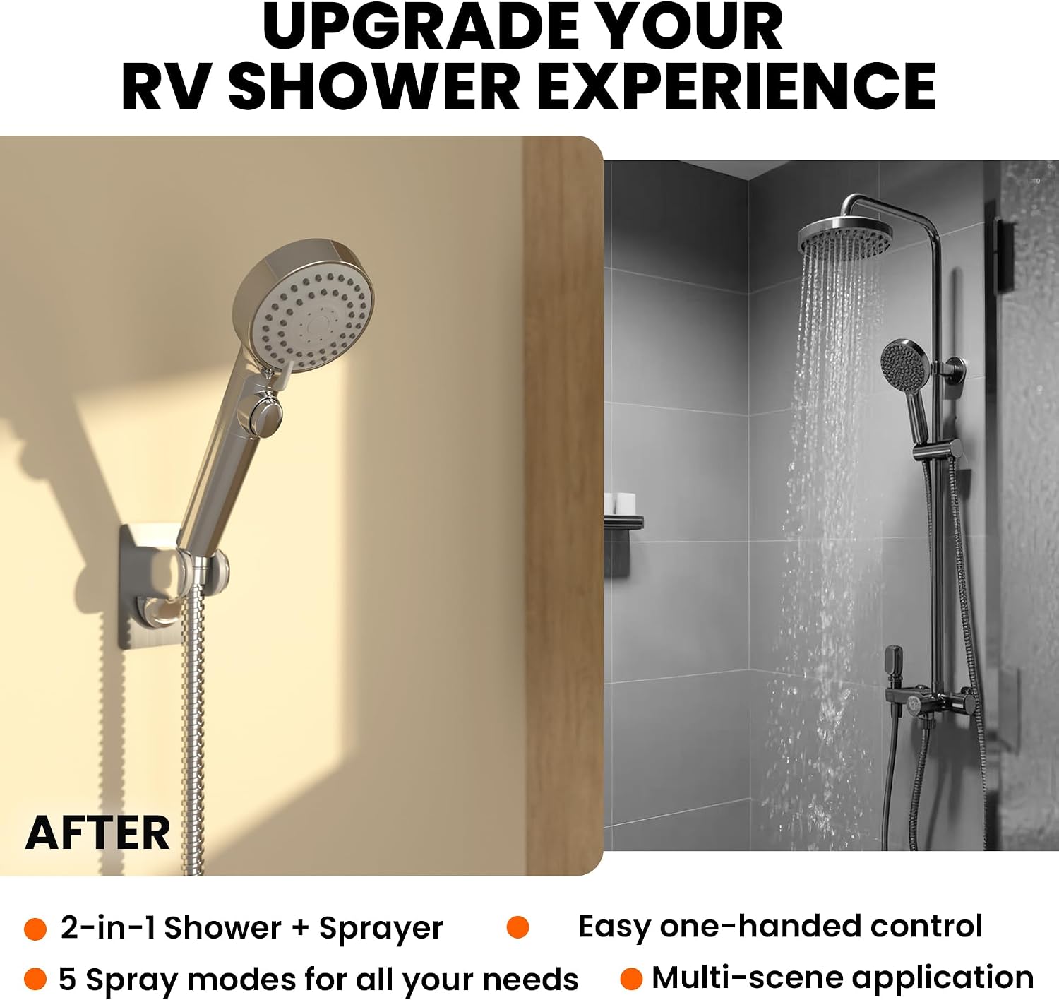 RV Shower Faucet Set with Hose and Shower Head - All Metal Stainless Steel RV Shower Faucet Replacement, 2-in-1 Shower Head & Power Sprayer, 5 Modes Handheld Shower for RV Camper Motorhome