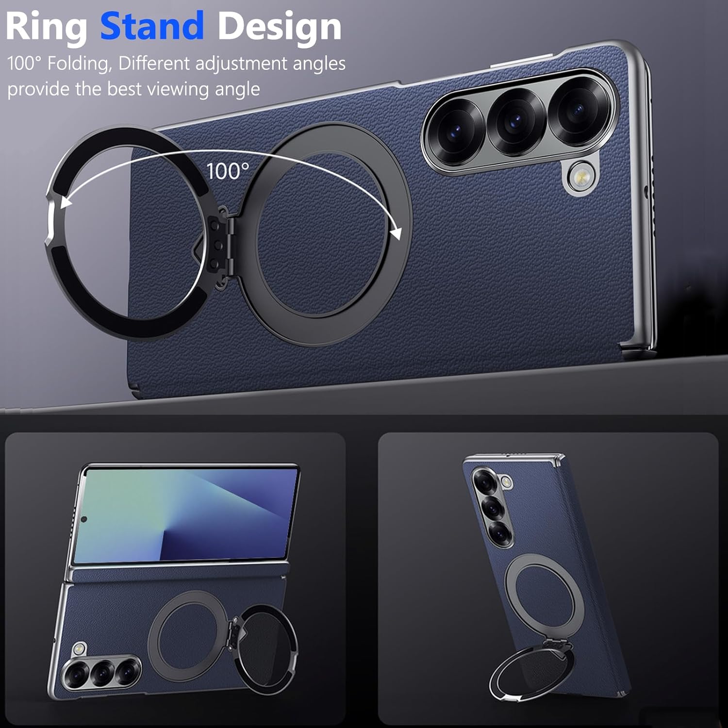 for Samsung Galaxy Z Fold 7 Case with Ring Stand, [ONLY Back Case] Genuine Leather Magnetic Case Compatible Magnetic Accessorie Hinge Protector Cover Slim Leather Back Cover for Z Fold 7 Blue