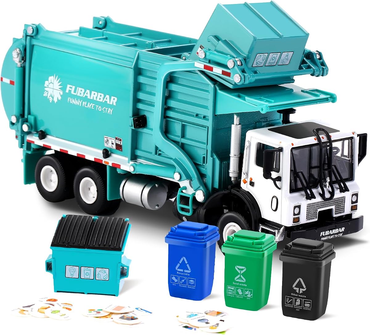 Modelo de juguete de camión FUBARBAR: camión de transporte de residuos de reciclaje de basura de metal fundido a presión 1:43 con cubo de basura, modelo de juguete de coche para niños de 4 a 6 años, regalo de cumpleaños para niños (azul)