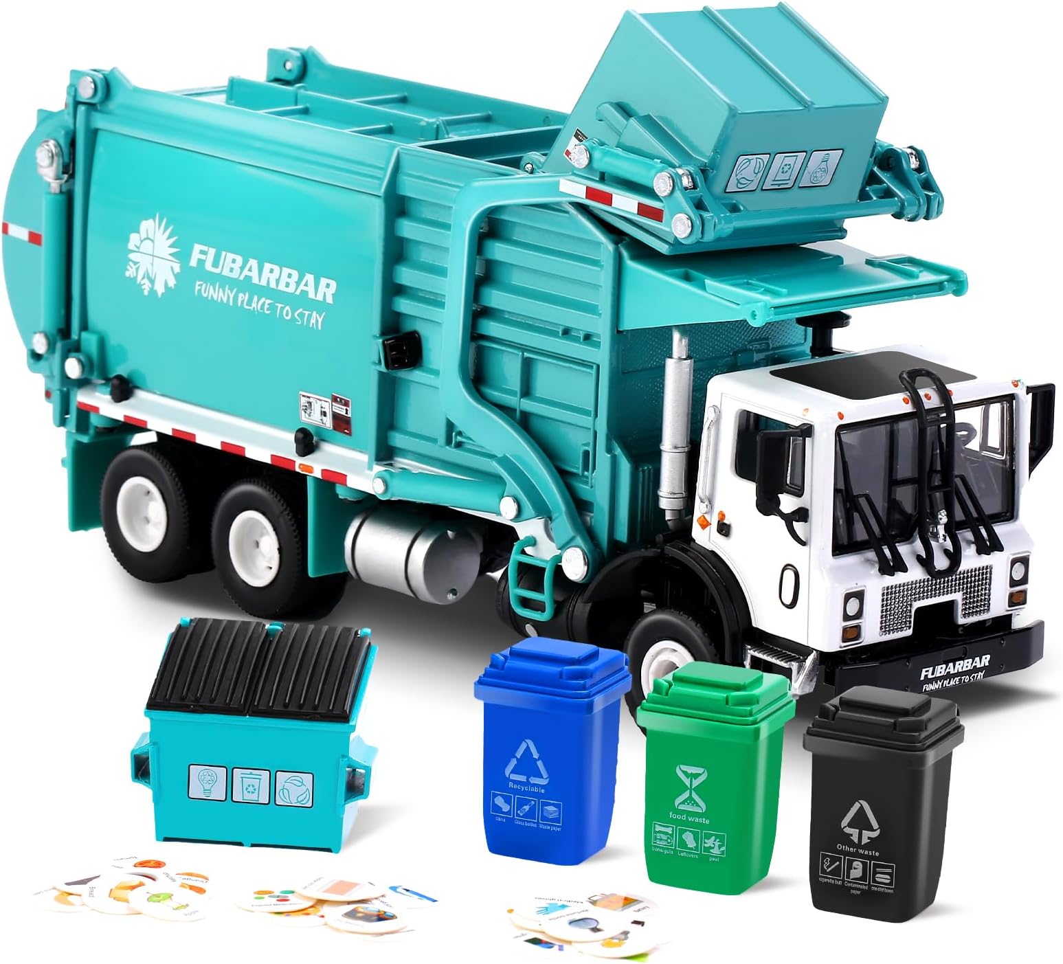 Garbage Truck Toys, Fubarbar 1:43 Bruder Tonka Trash Trucks Model for Boys Metal Diecase Waste Management Front Loader Die Cast Recycling Can Dumpster for Kids Toddlers Birthday Party (Blue)