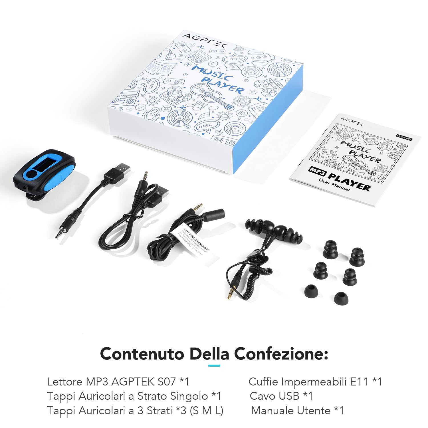 AGPTEK Lettore MP3 Impermeabile Subacqueo IPX8 con Clip Lettore Musicale da 8GB Nuoto MP3 con Auricolare,Cavo Audio e 3 paia di Tappi per le Orecchie,Supporta Radio FM,per Sport in Esecuzione Surf