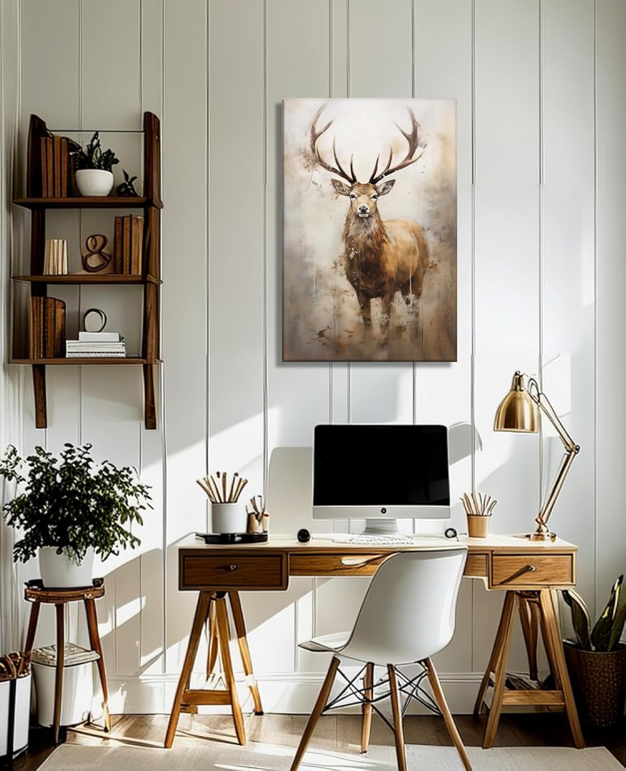LYUNSHUO Deer Canvas Wall Art Vintage Elk Watercolor Pictures Wall Decor Rustic Farmhouse Wild Animal Painting Framed Artwork for Office Home Decor,Stretched and Framed Ready to - Image 4