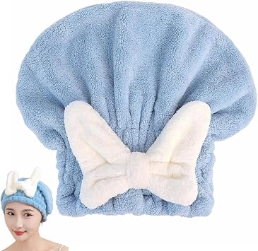 Microfiber Hair Drying Caps with Bow Knot for Wet Hair Blue | Ultra Absorbent Hair Towels Wrap Soft Fast Drying Shower Cap Bath Hair Turban for Women Girls Gifts