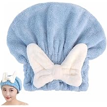 Microfiber Hair Drying Cap,Ultra Absorbent Hair Towel Wrap Turban for Girls Women Soft Quick Dry Hair Towels with Bow Tie Shower Cap for Kids Blue