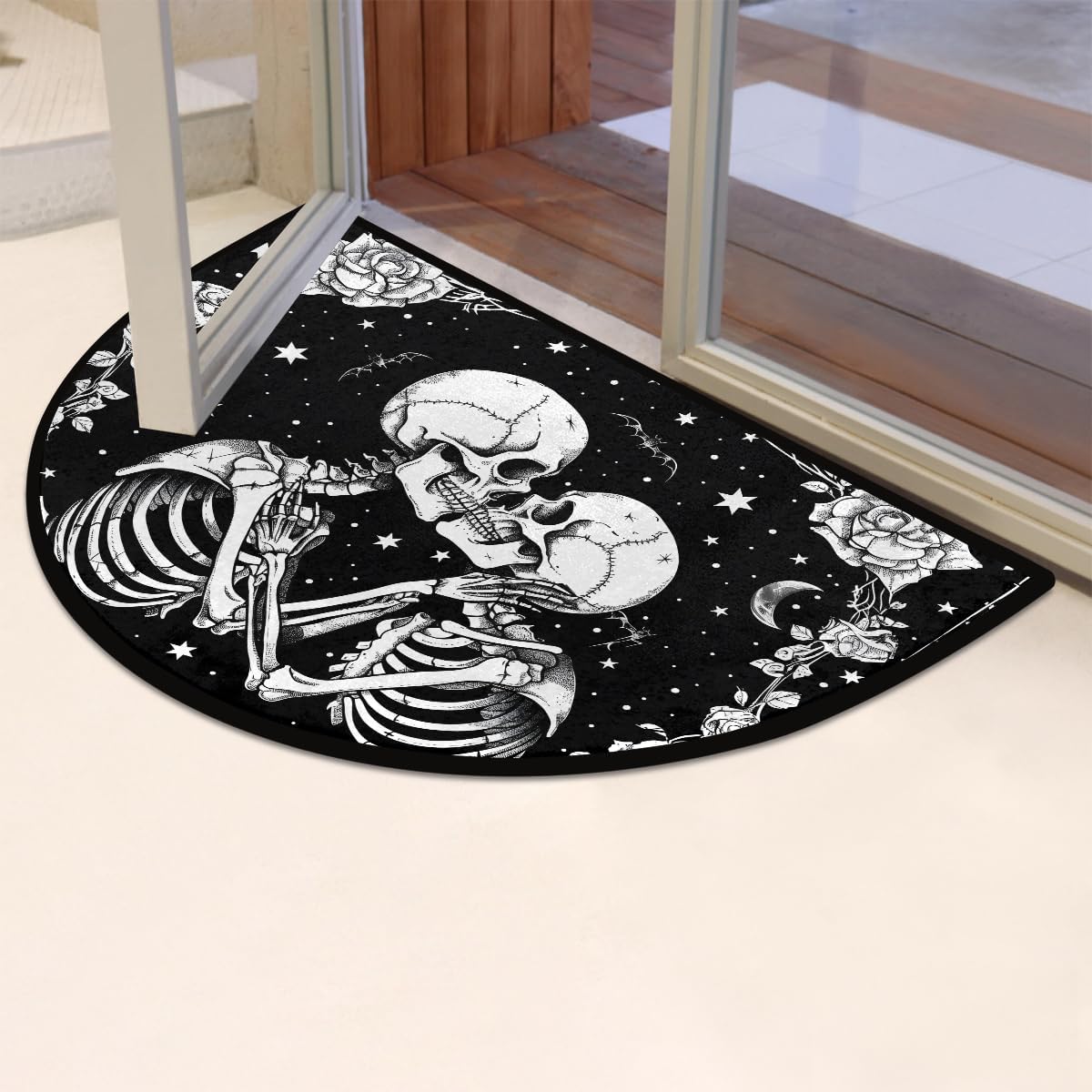 Human Flower Skull Halloween Half Round Door Mat Non Slip Washable Semi Circle Area Rug Absorbent Soft Half Moon Rug Floor Mat for Indoor Outdoor Kitchen Bathroom Patio Front Door Mat Decor
