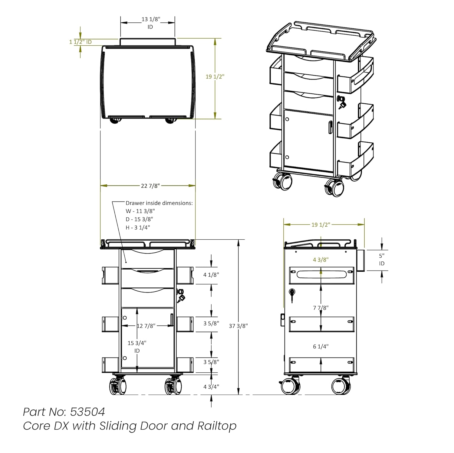 Core DX Cart with White Drawers, Sliding Door, and Railtop