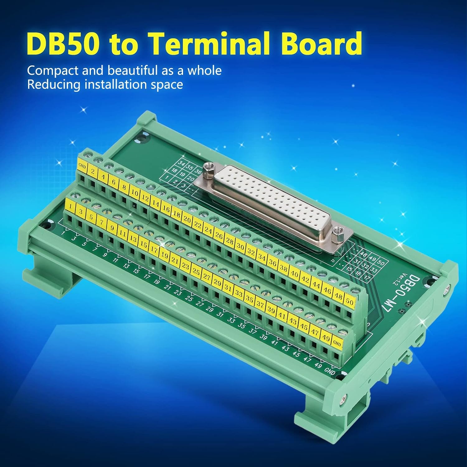 Hilitand DB50 to Terminal Connector Adapter Plate PCB Board Straight Female DC60V DB50-M7 Compact Design, Printed Labels, Copper Base, Rated Voltage DC 60V, 14 to 26AWG Wire Range