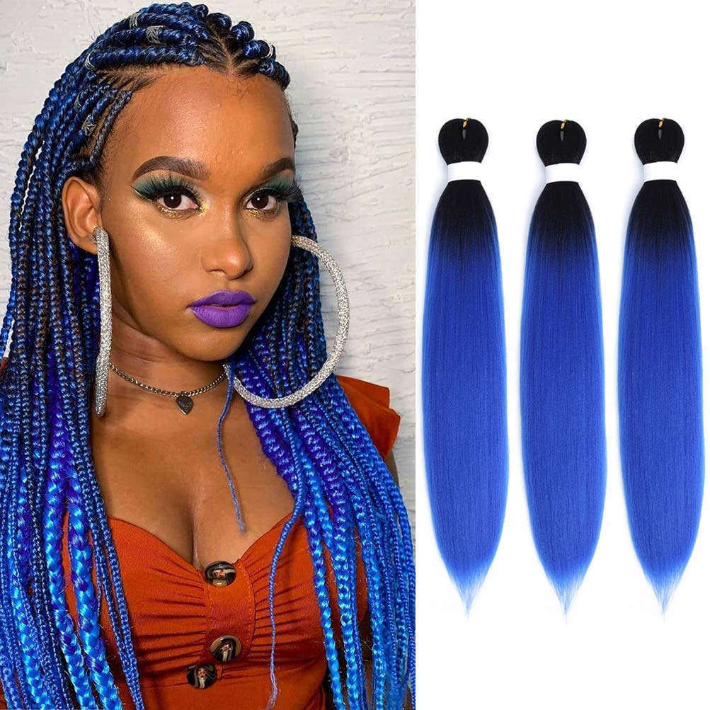 Ombre Pre Stretched Braiding Hair 3 Packs Blue Synthetic Fiber Croceht Braiding Hair Extension for Women