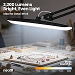 Neatfi XL 2200 Lumens 24W LED Lampe de bureau avec pince – Éclairage des tâches sans ombre 4-Level Bureau d'accueil & Artisanat Utilisation 20-Inch Tête large (Noir, Non-CCT avec pince)