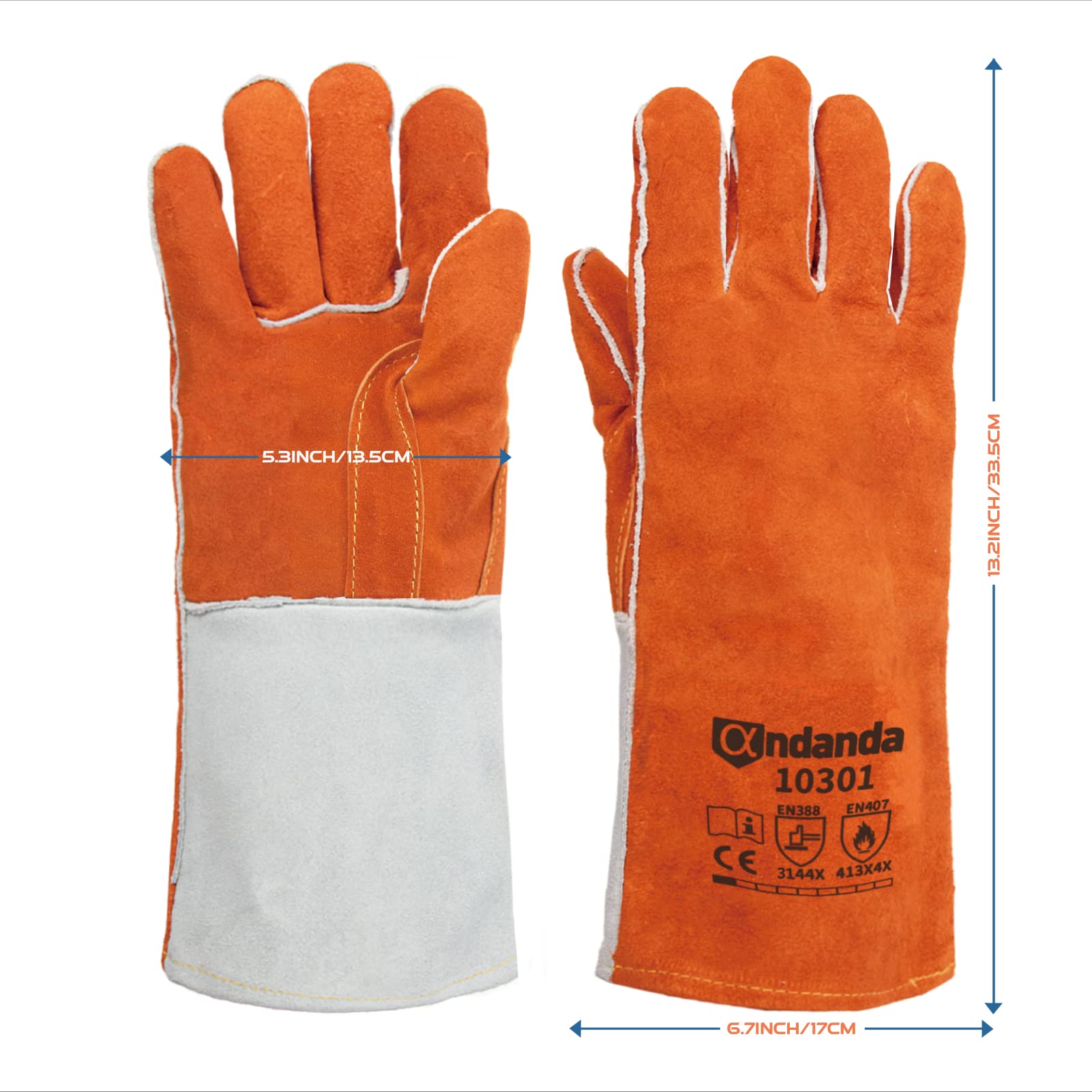 ANDANDA Gants de soudure en cuir forgé,33 cm,Résistants à la chaleur et au feu, les étincelles et les projections de soudure,Fonctionnent parfaitement pour les soudeurs