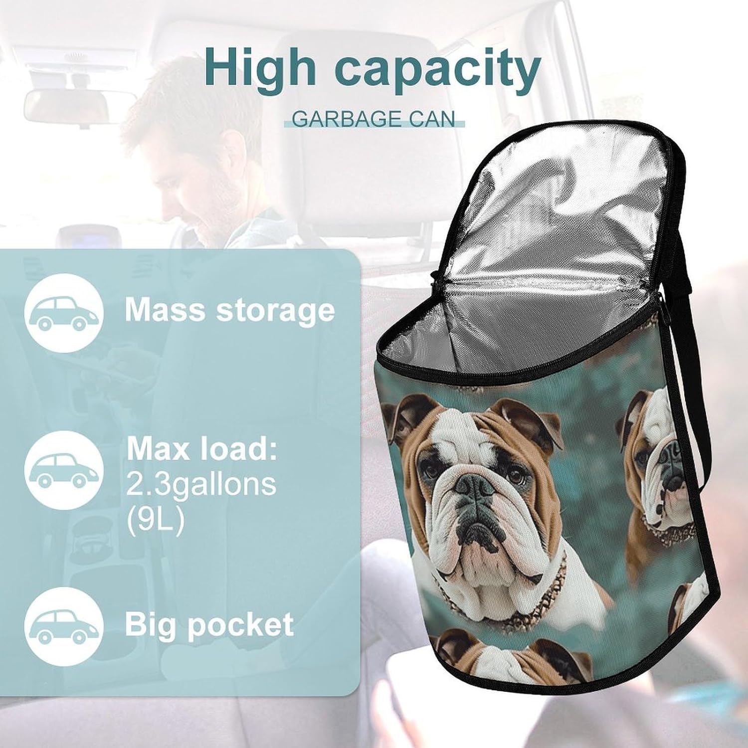 Funny English Bulldog Car Trash Can with Lid, Leakproof Hanging Automotive Trash Bin, Waterproof Garbage Storage Bag for Vehicles, RV, Bathroom, Office image 3